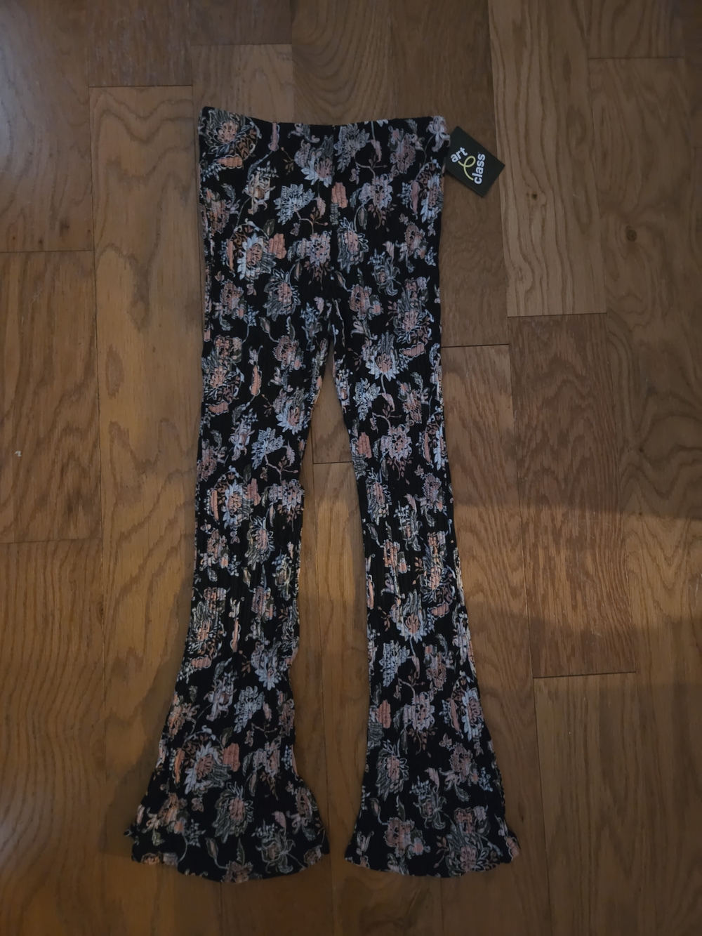 art class Black Floral Flare Leggings with Pink and Light Blue Flowers